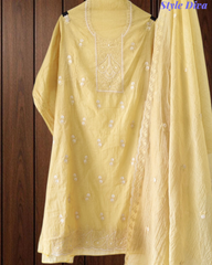 Mul Cotton Lucknowi Embroidered Unstitched Suit with Scalloped Dupatta | Festive Wear