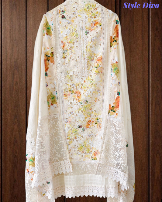 Premium Pure Cotton Laser Cut Embroidered Unstitched Suit Set with Cut-Dana & Designer Dupatta