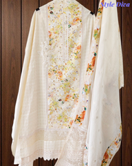 Premium Pure Cotton Laser Cut Embroidered Unstitched Suit Set with Cut-Dana & Designer Dupatta
