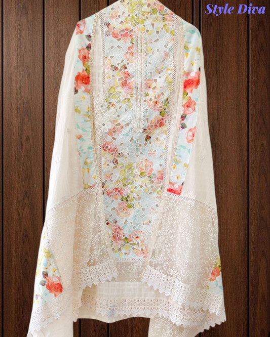 Premium Pure Cotton Laser Cut Embroidered Unstitched Suit Set with Cut-Dana & Designer Dupatta