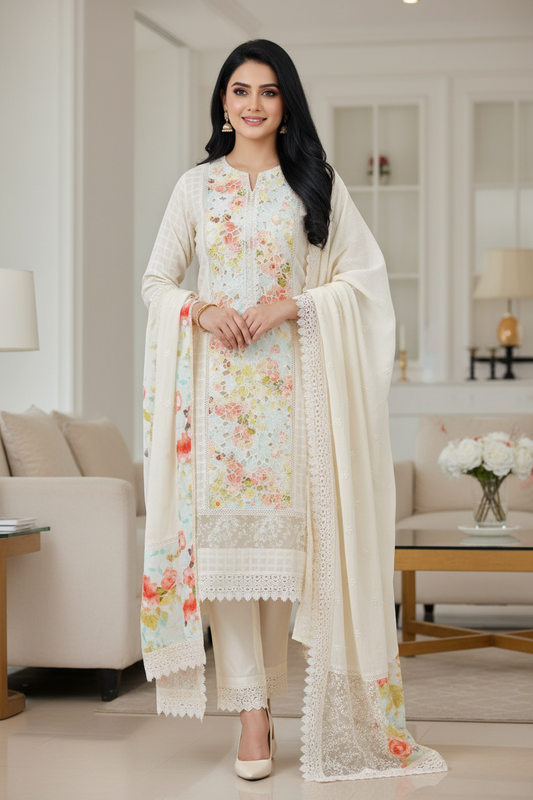 Premium Pure Cotton Laser Cut Embroidered Unstitched Suit Set with Cut-Dana & Designer Dupatta
