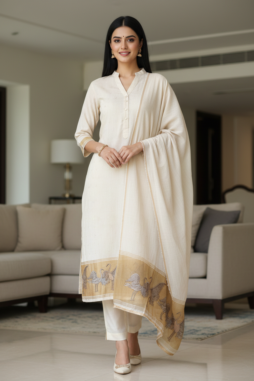 Designer Banarasi Mul Chanderi Unstitched Suit with Golden Embroidery & Woven Border