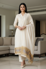 Designer Banarasi Mul Chanderi Unstitched Suit with Golden Embroidery & Woven Border