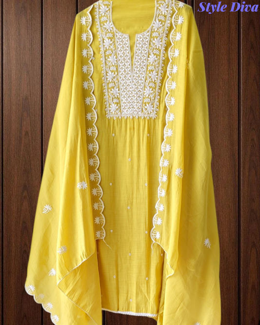 Mul Cotton Embroidered Unstitched Suit with Scalloped Embroidery Dupatta