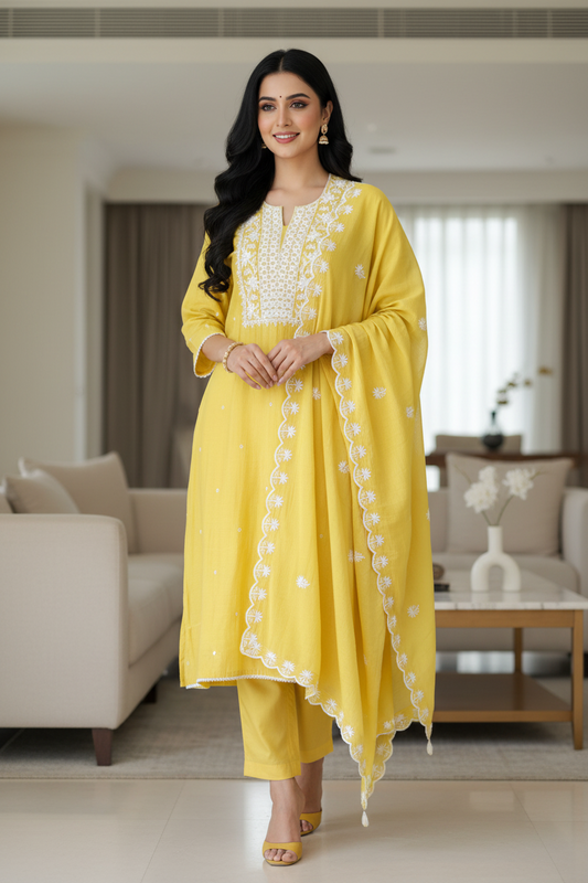 Mul Cotton Embroidered Unstitched Suit with Scalloped Embroidery Dupatta