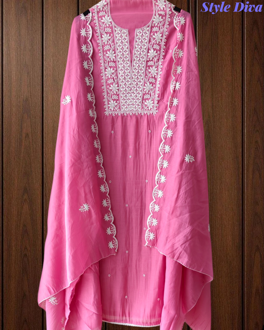 Mul Cotton Embroidered Unstitched Suit with Scalloped Embroidery Dupatta