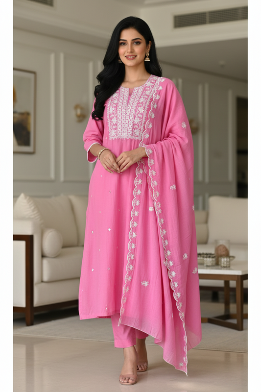 Mul Cotton Embroidered Unstitched Suit with Scalloped Embroidery Dupatta