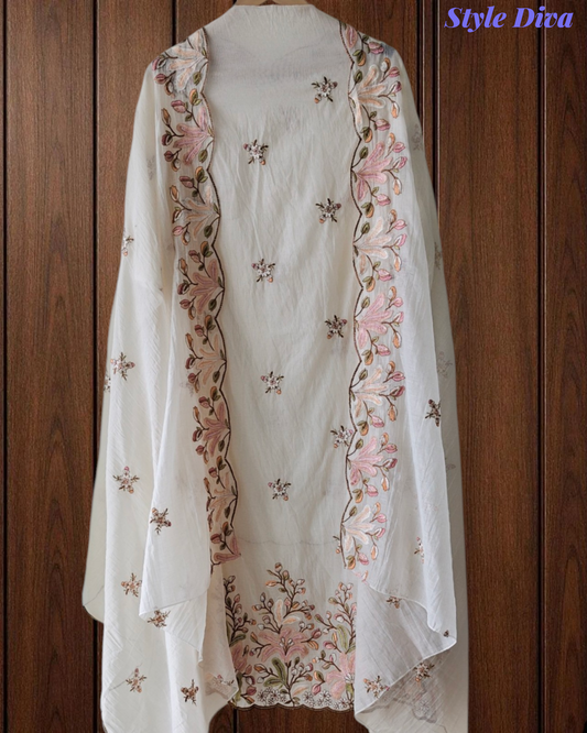 Mul Cotton Colourful Thread Embroidery Unstitched Suit Set for Women | Festive & Party Wear