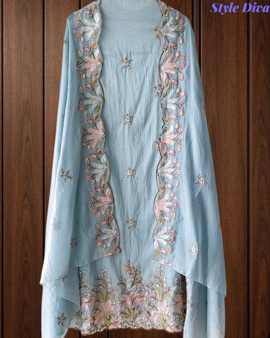 Mul Cotton Colourful Thread Embroidery Unstitched Suit Set for Women | Festive & Party Wear