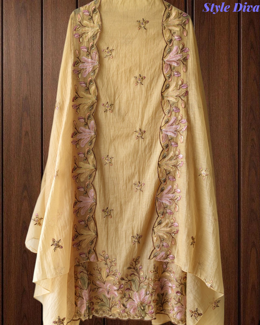 Mul Cotton Colourful Thread Embroidery Unstitched Suit Set for Women | Festive & Party Wear