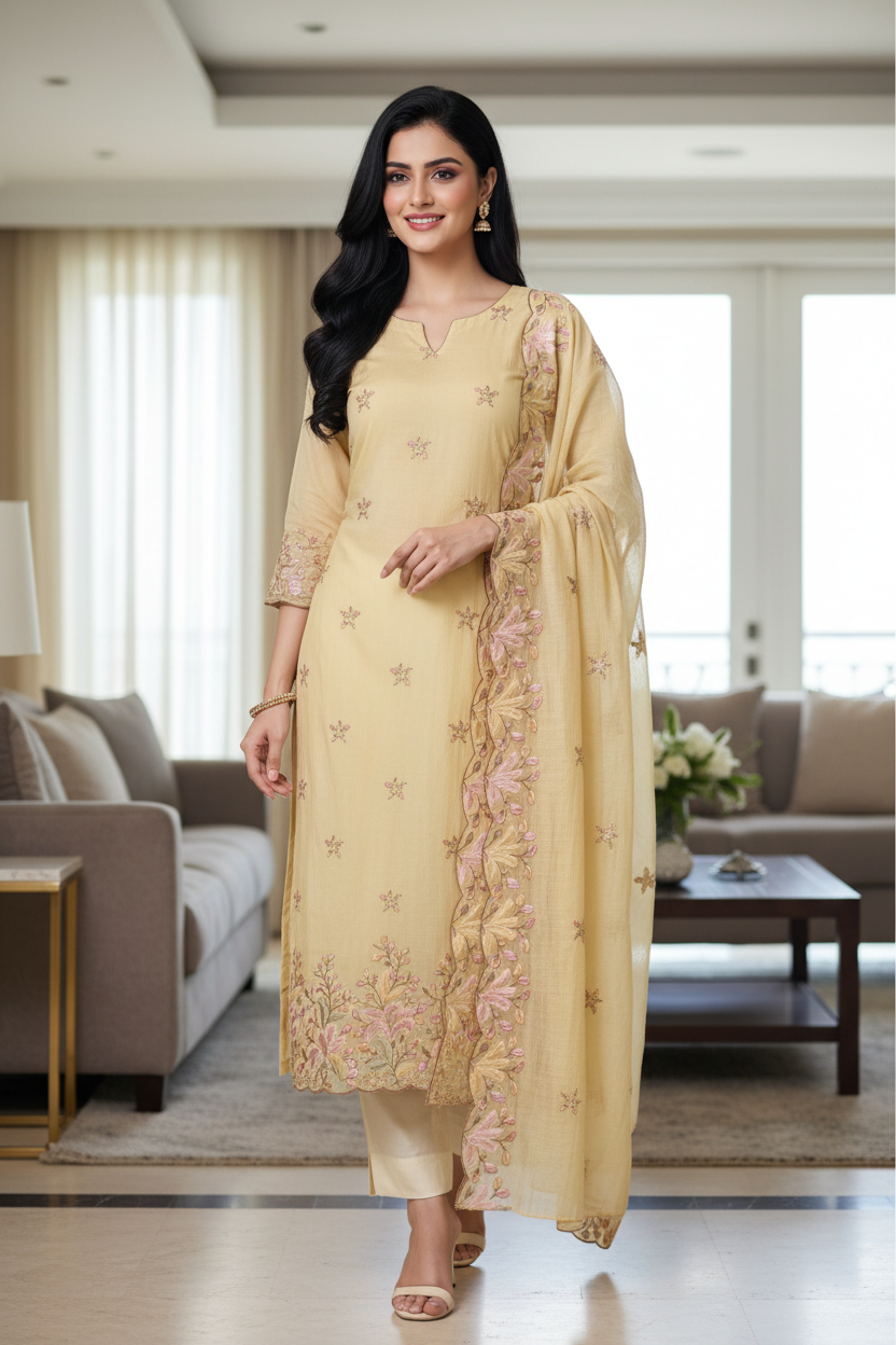 Mul Cotton Colourful Thread Embroidery Unstitched Suit Set for Women | Festive & Party Wear