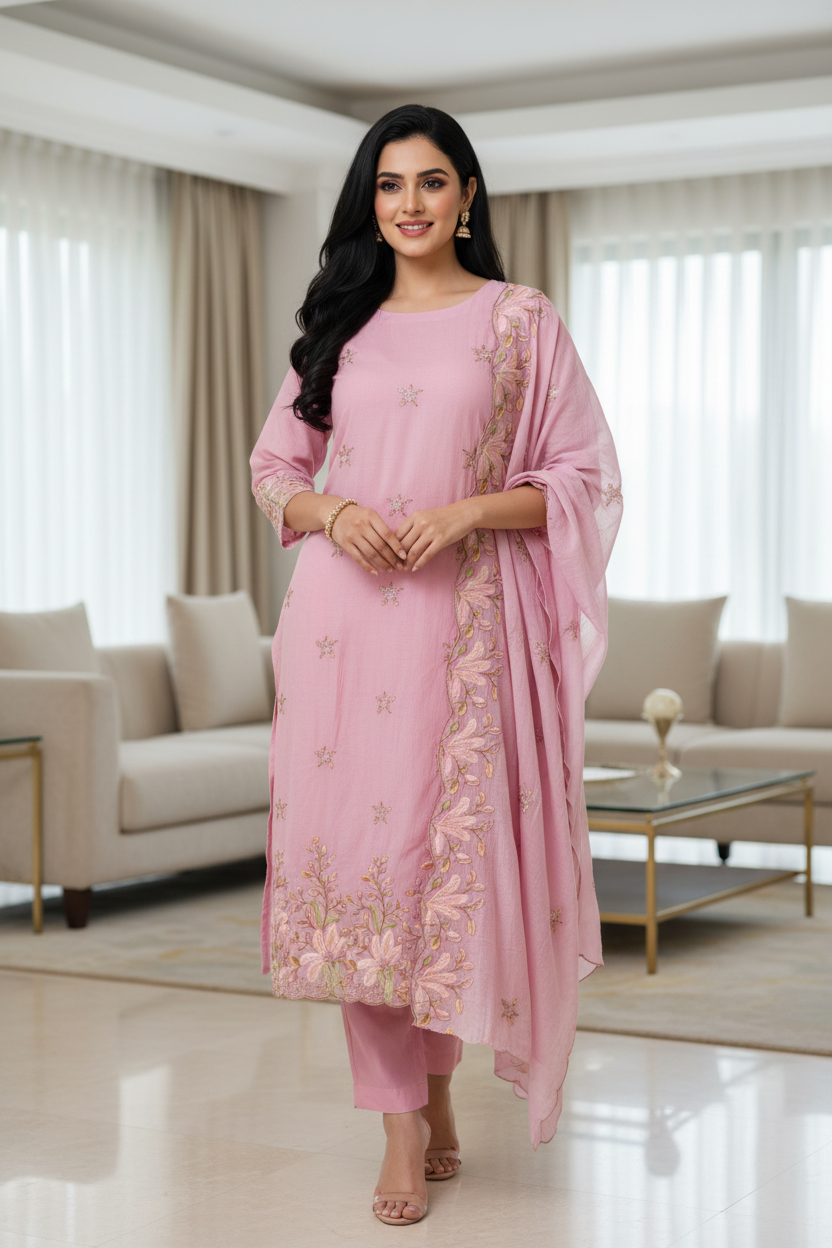 Mul Cotton Colourful Thread Embroidery Unstitched Suit Set for Women | Festive & Party Wear