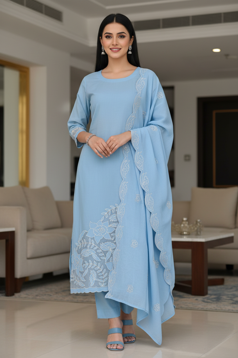 Designer Mul Cotton Unstitched Suit Set - Laser Cut Embroidery, Applique Work & Scalloped Dupatta