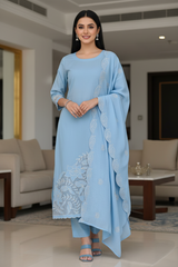 Designer Mul Cotton Unstitched Suit Set - Laser Cut Embroidery, Applique Work & Scalloped Dupatta