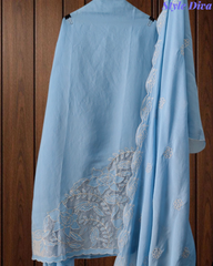Designer Mul Cotton Unstitched Suit Set - Laser Cut Embroidery, Applique Work & Scalloped Dupatta