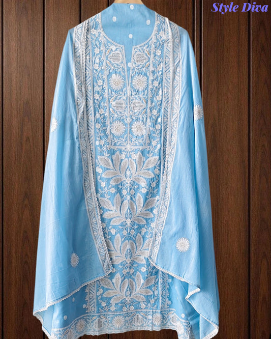 Mul Cotton Lucknowi Embroidered Unstitched Suit with Embroidered Dupatta (3 Pc Set)