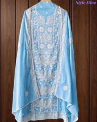 Mul Cotton Lucknowi Embroidered Unstitched Suit with Embroidered Dupatta (3 Pc Set)