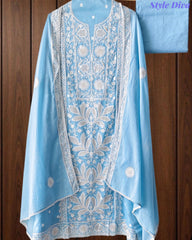 Mul Cotton Lucknowi Embroidered Unstitched Suit with Embroidered Dupatta (3 Pc Set)