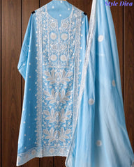 Mul Cotton Lucknowi Embroidered Unstitched Suit with Embroidered Dupatta (3 Pc Set)