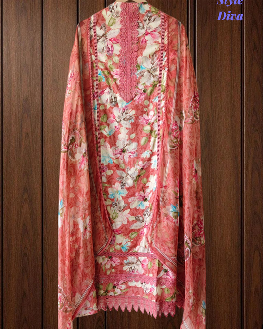 Pure Cotton Printed Un-Stitched Suit with Chiffon Digital Print Dupatta & Crochet Lacing