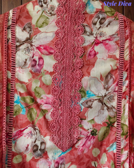 Pure Cotton Printed Un-Stitched Suit with Chiffon Digital Print Dupatta & Crochet Lacing