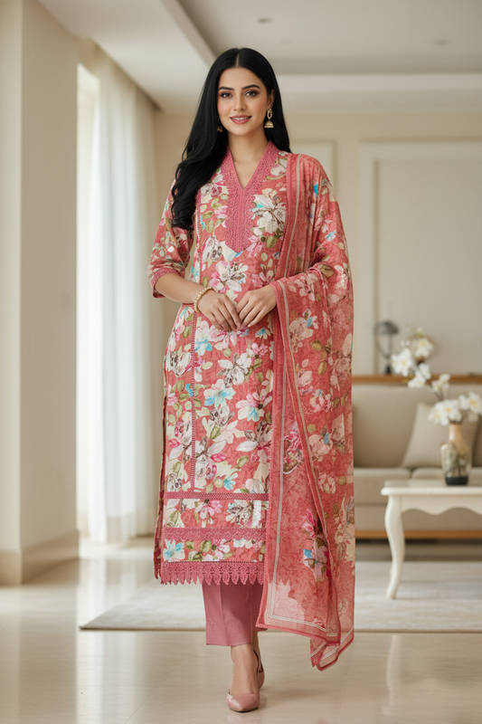 Pure Cotton Printed Un-Stitched Suit with Chiffon Digital Print Dupatta & Crochet Lacing