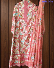 Pure Cotton Printed Un-Stitched Suit with Chiffon Digital Print Dupatta & Crochet Lacing