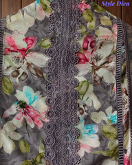 Pure Cotton Printed Un-Stitched Suit with Chiffon Digital Print Dupatta & Crochet Lacing