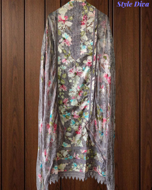 Pure Cotton Printed Un-Stitched Suit with Chiffon Digital Print Dupatta & Crochet Lacing