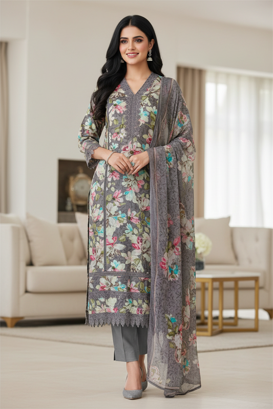 Pure Cotton Printed Un-Stitched Suit with Chiffon Digital Print Dupatta & Crochet Lacing