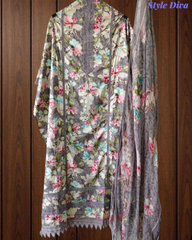 Pure Cotton Printed Un-Stitched Suit with Chiffon Digital Print Dupatta & Crochet Lacing