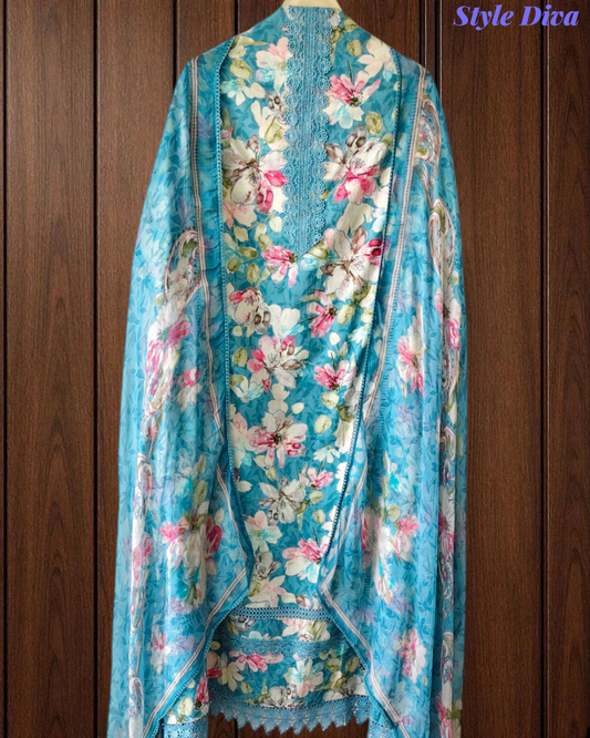 Pure Cotton Printed Un-Stitched Suit with Chiffon Digital Print Dupatta & Crochet Lacing