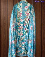 Pure Cotton Printed Un-Stitched Suit with Chiffon Digital Print Dupatta & Crochet Lacing