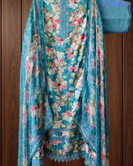 Pure Cotton Printed Un-Stitched Suit with Chiffon Digital Print Dupatta & Crochet Lacing