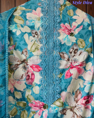 Pure Cotton Printed Un-Stitched Suit with Chiffon Digital Print Dupatta & Crochet Lacing