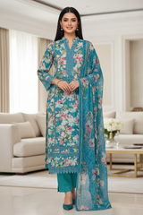 Pure Cotton Printed Un-Stitched Suit with Chiffon Digital Print Dupatta & Crochet Lacing
