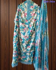 Pure Cotton Printed Un-Stitched Suit with Chiffon Digital Print Dupatta & Crochet Lacing
