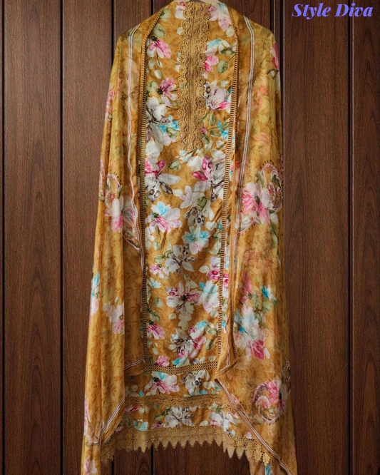 Pure Cotton Printed Un-Stitched Suit with Chiffon Digital Print Dupatta & Crochet Lacing