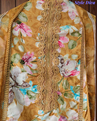 Pure Cotton Printed Un-Stitched Suit with Chiffon Digital Print Dupatta & Crochet Lacing