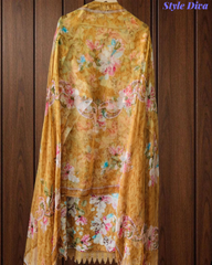 Pure Cotton Printed Un-Stitched Suit with Chiffon Digital Print Dupatta & Crochet Lacing