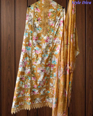 Pure Cotton Printed Un-Stitched Suit with Chiffon Digital Print Dupatta & Crochet Lacing