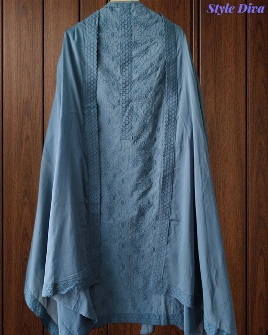 Pure Cotton Embroidered Unstitched Suit with Embroidered Dupatta (3 Pc Set)