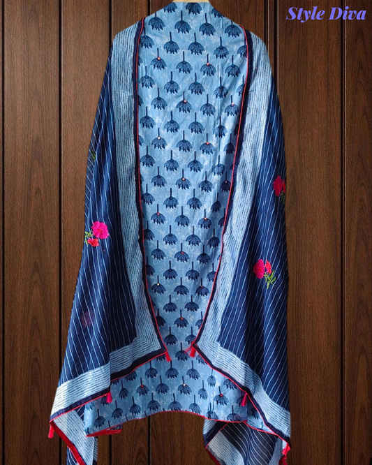 Pure Cotton Block Print Effect Suit with Faux Mirror Highlighting & Printed Dupatta