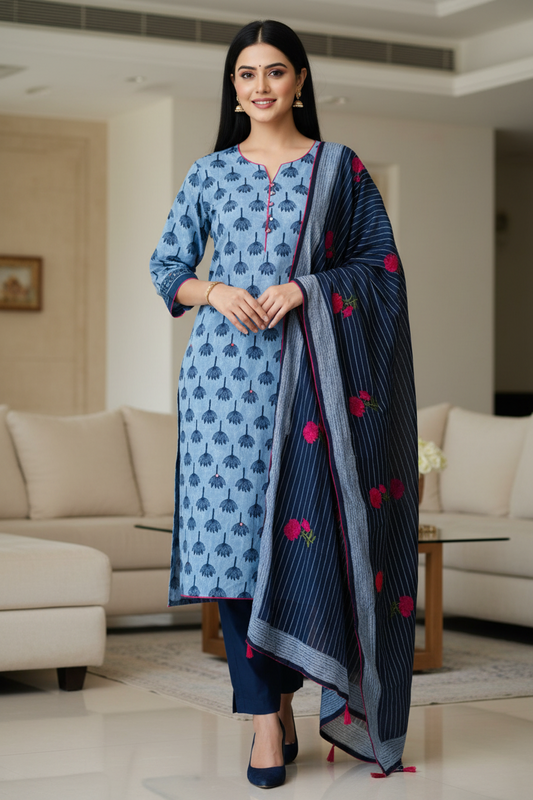 Pure Cotton Block Print Effect Suit with Faux Mirror Highlighting & Printed Dupatta