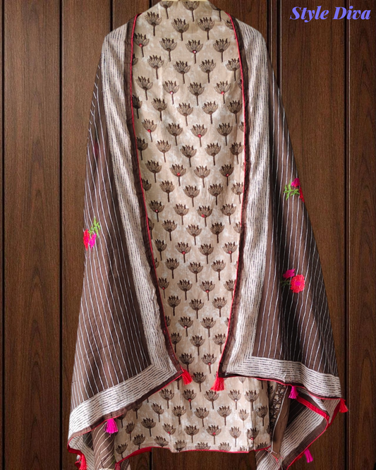 Pure Cotton Block Print Effect Suit with Faux Mirror Highlighting & Printed Dupatta