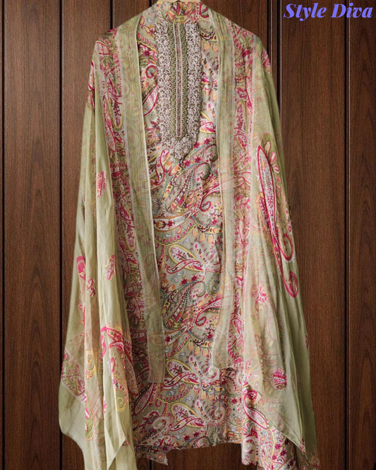Pure Cotton Digital Print Unstitched Suit with Zari Patch Work & Chiffon Dupatta