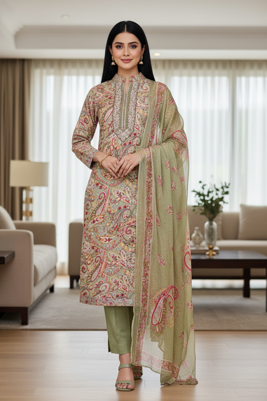 Pure Cotton Digital Print Unstitched Suit with Zari Patch Work & Chiffon Dupatta