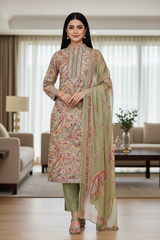 Pure Cotton Digital Print Unstitched Suit with Zari Patch Work & Chiffon Dupatta