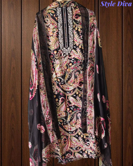 Pure Cotton Digital Print Unstitched Suit with Zari Patch Work & Chiffon Dupatta