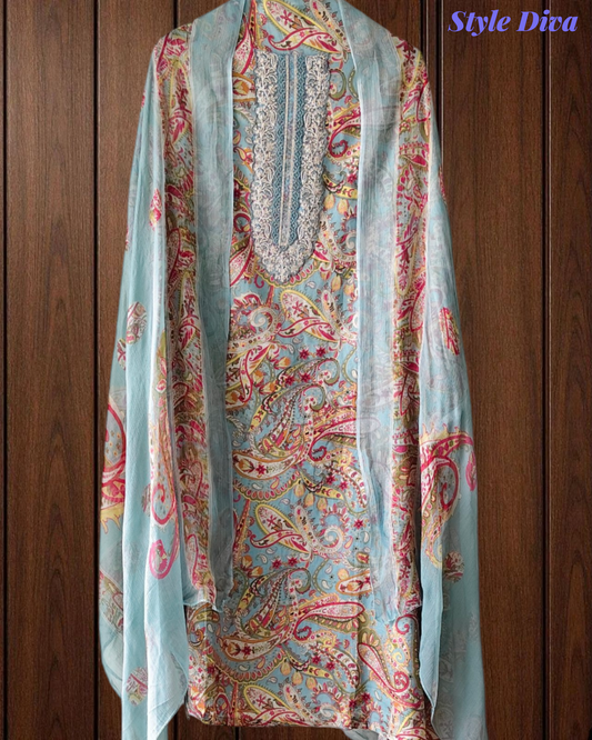 Pure Cotton Digital Print Unstitched Suit with Zari Patch Work & Chiffon Dupatta
